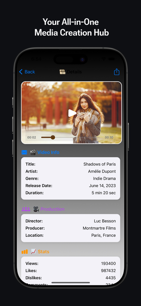 A smartphone screen showing detailed metadata for a video including title artist production credits and engagement stats