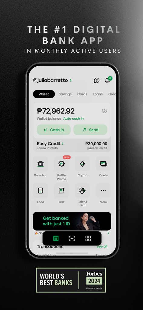 Maya – savings, loans, cards - Interface de l'application mobile de la banque numérique Maya affichant le solde du portefeuille et les icônes des services financiers