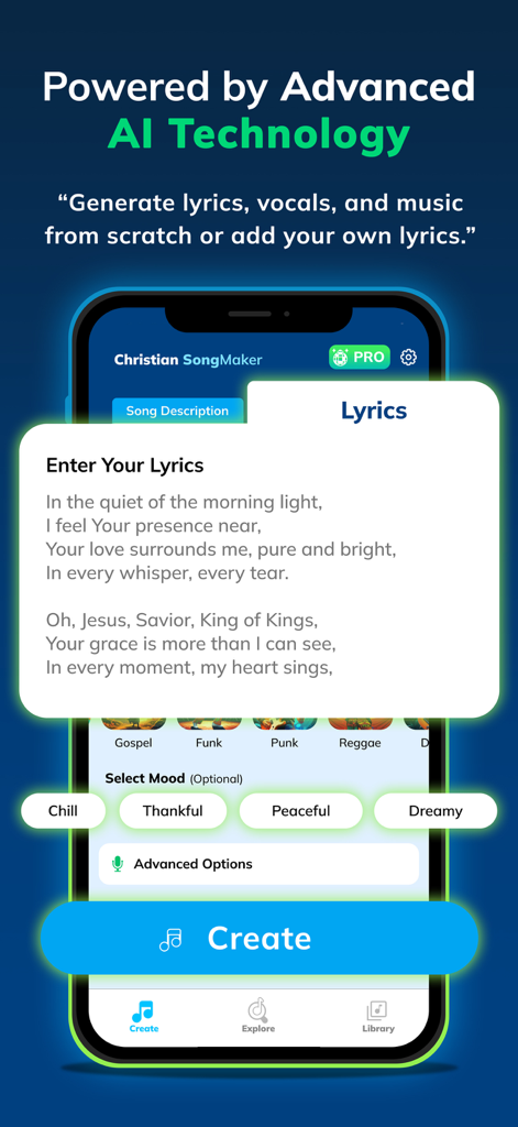 Christian Song Maker: AI Music - Interface of the Christian Song Maker app showing the AI lyrics entry and mood selection features.