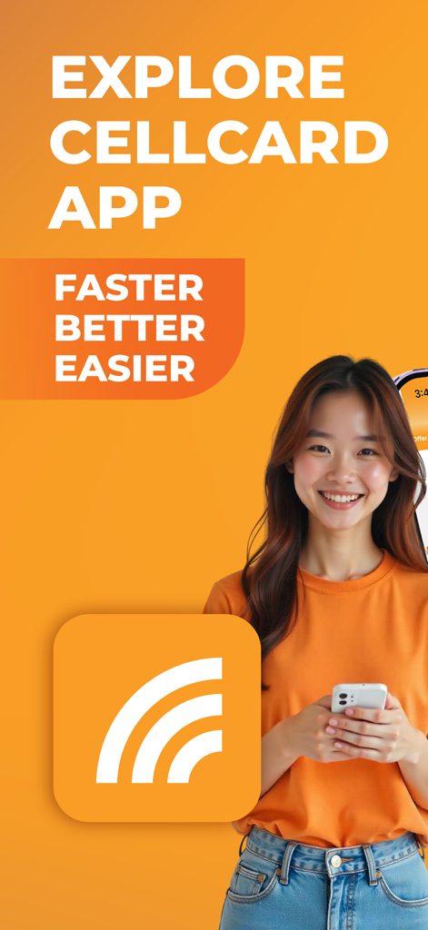 A woman holding a phone next to the Cellcard app logo and promotional text on an orange background.