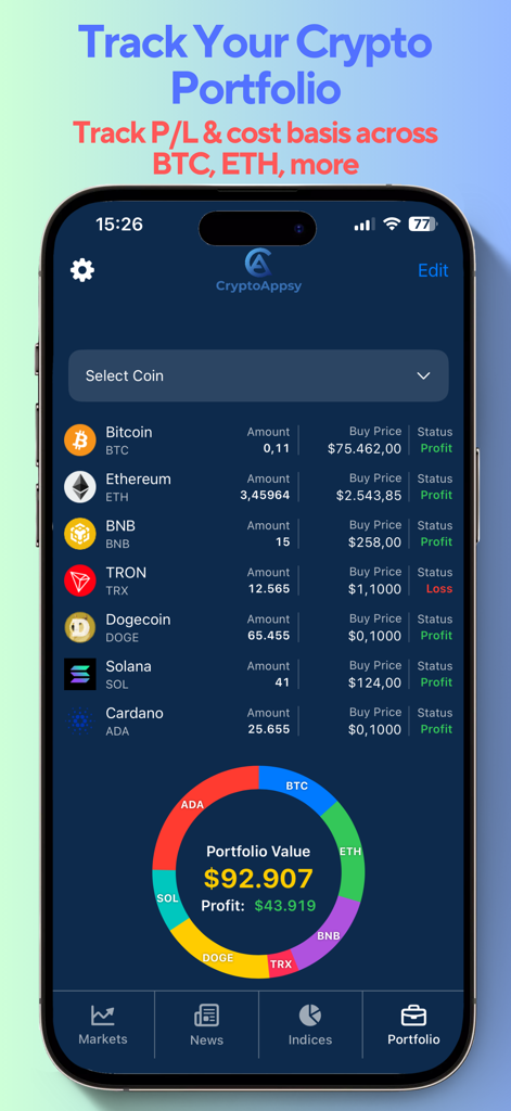 CryptoAppsy: BTC, Coin Tracker - CryptoAppsy mobile app interface displaying a cryptocurrency portfolio with profit and loss tracking and a coin distribution donut chart