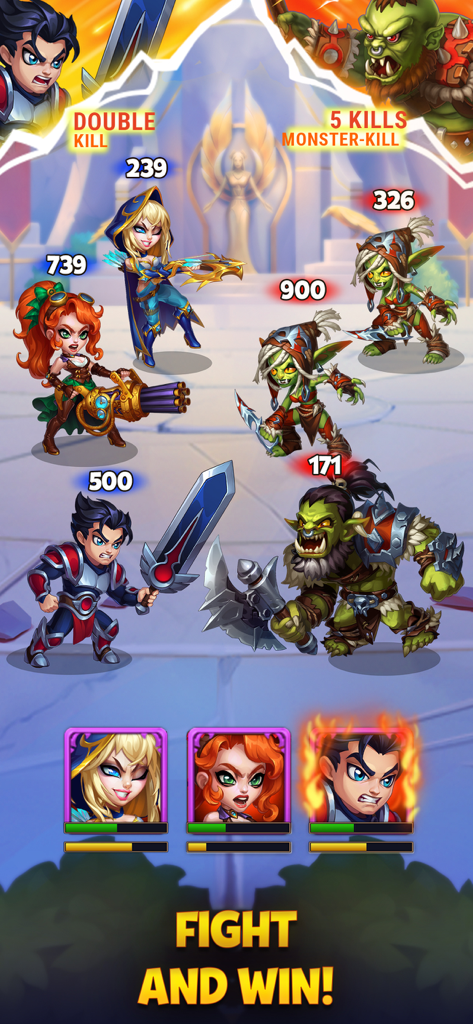 Escena de batalla llena de acción en Hero Wars Alliance Fantasy con héroes luchando contra enemigos orcos