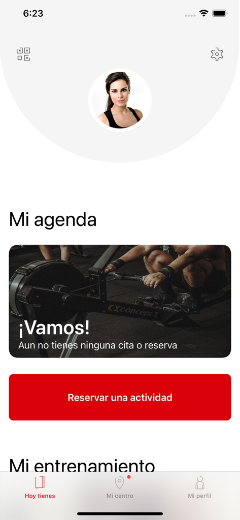 Dashboard der Qivox Smart Gym App mit Profil des Benutzers und Bereich zur Buchung von Aktivitäten