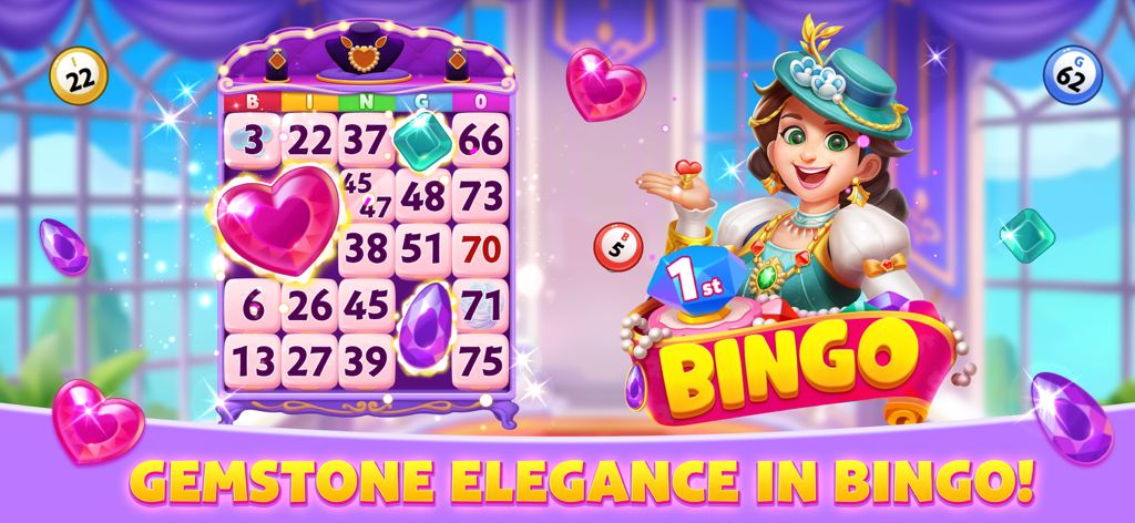 Bravo Bingo-Lucky Bingo Game - Bravo Bingo game screen featuring a gemstone elegance theme with a smiling female character and a bingo card decorated with jewels.