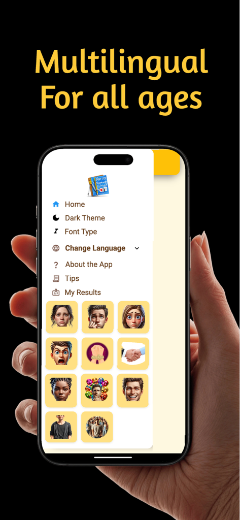 Happiness Test. - Pantalla de smartphone mostrando el menú de la aplicación Test de Felicidad con funciones multilingües e iconos de emociones diversos.