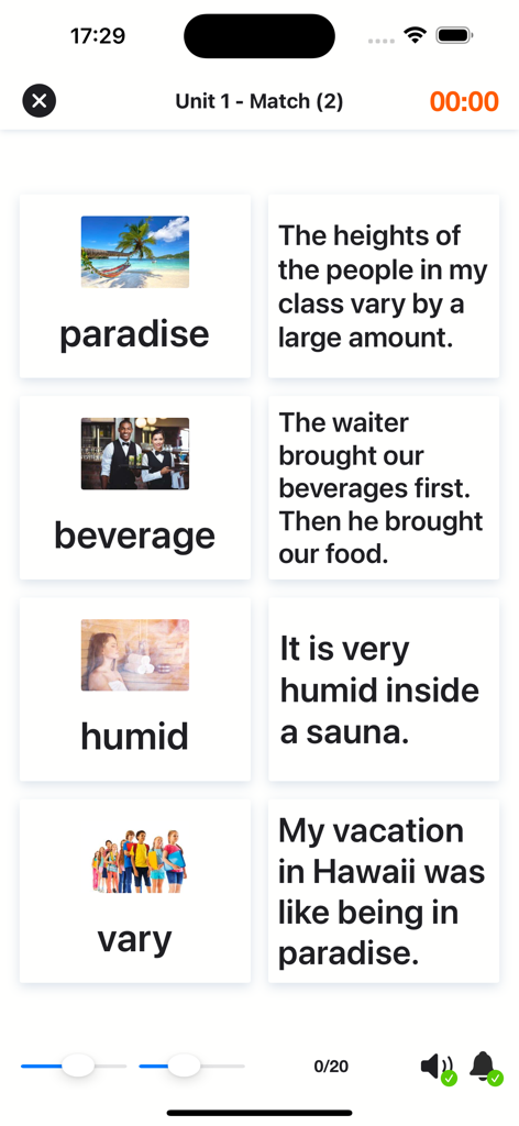 4000 Essential English Words ⑸ - Un ejercicio de emparejamiento de vocabulario en la aplicación 4000 Essential English Words donde los usuarios emparejan palabras como 'paradise' y 'beverage' con sus oraciones de ejemplo correspondientes.