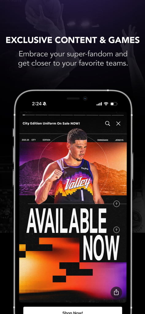 Suns-Merc-Mortgage Matchup Ctr - Phoenix Suns mobile app screen promoting exclusive content and City Edition basketball uniforms