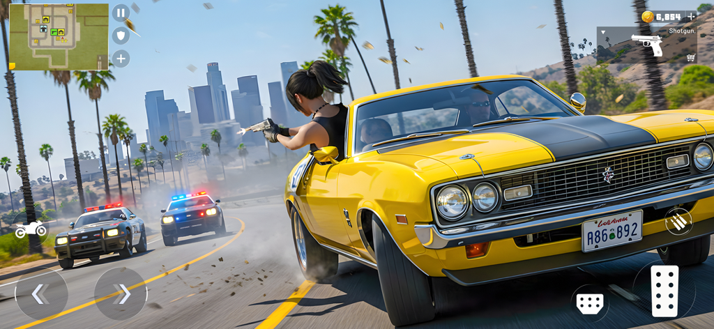 Rogue City Crime Gangster Game - A high-speed police chase in Rogue City with a character shooting from a yellow muscle car.
