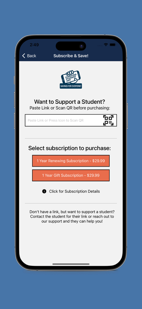 Ecrã de subscrição da app Starving Student Card com opções para apoiar um aluno ou comprar um plano anual