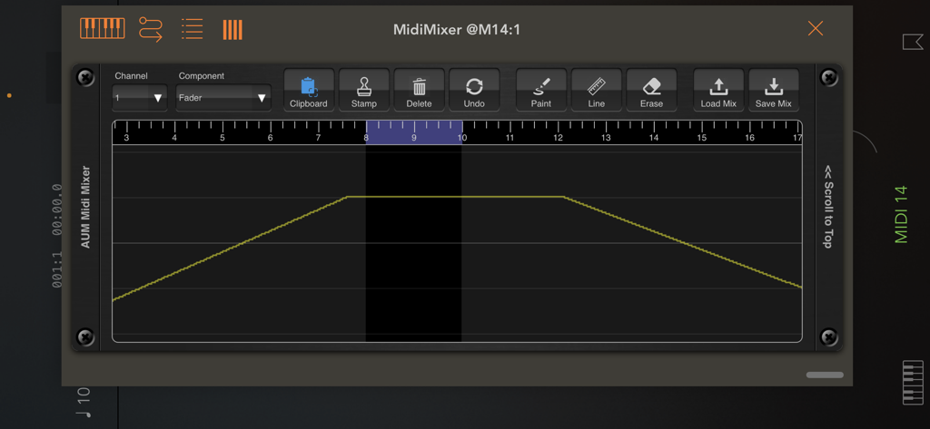 MidiMixer for AUM Auv3 Plugin - タイムライン上のフェーダーボリュームカーブと編集ツールを示すMidiMixerのグラフィカルオートメーションエディター。