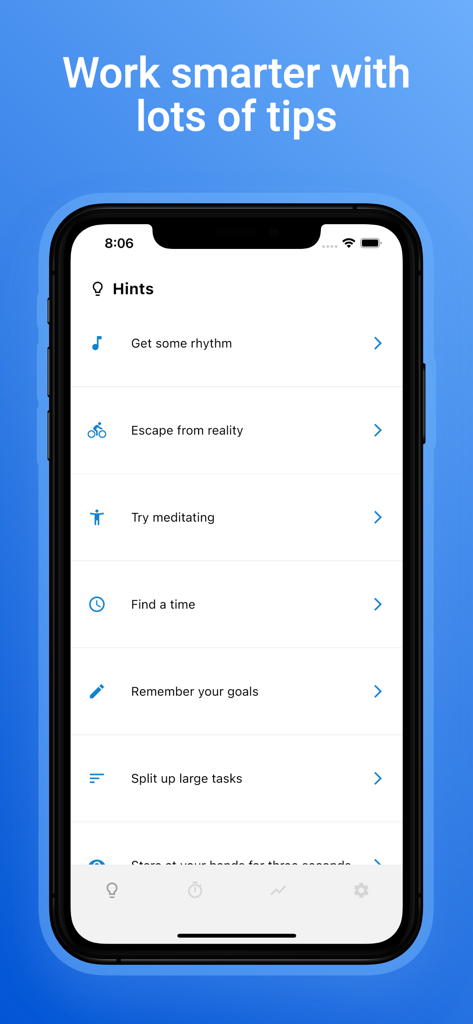 Focusi: Study Timer - Focusi app hints screen listing productivity tips like meditating and setting goals