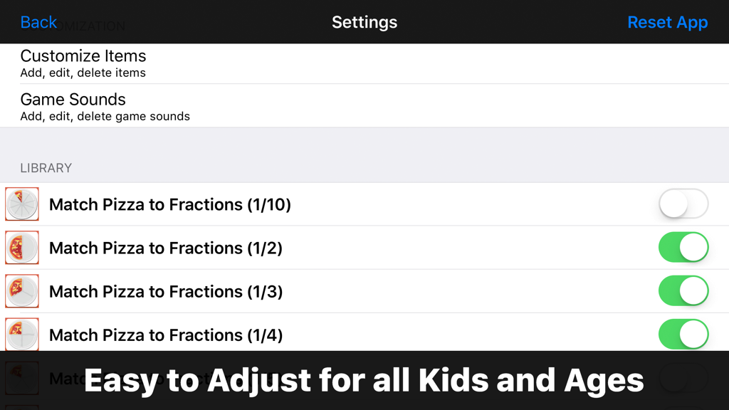 Match the Fraction アプリの設定メニュー。カスタマイズ可能なライブラリオプションとピザ分数のレベル切り替えが表示されている。