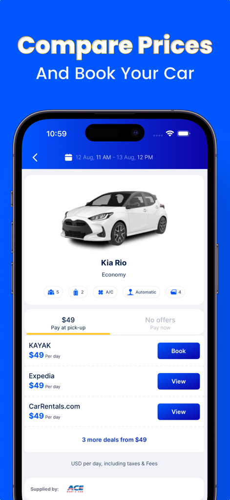 Rent80 app screen showing rental car price comparisons for a Kia Rio from Kayak and Expedia