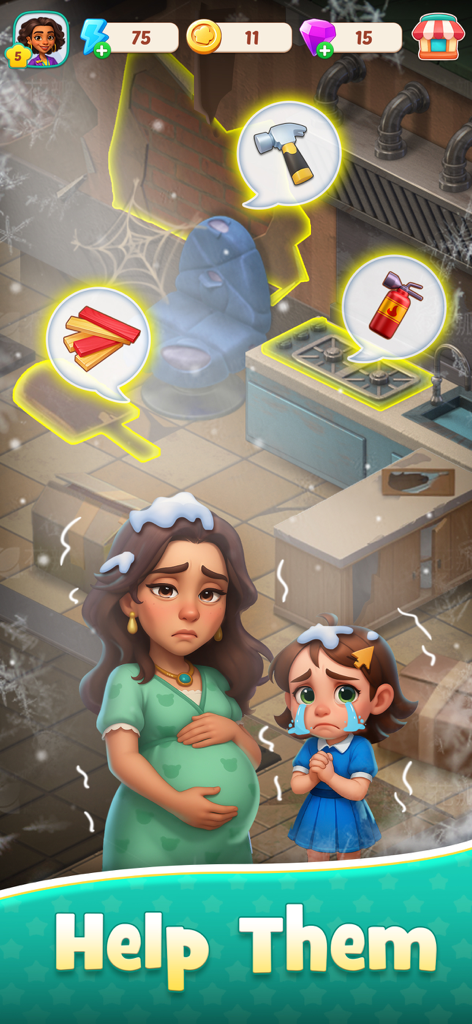 Foodstars: Merge & Cook - A sad pregnant woman and child in a broken kitchen with renovation icons and a Help Them call to action.