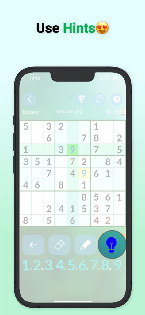 Mobile app screenshot showing a Sudoku puzzle grid with the hints button highlighted