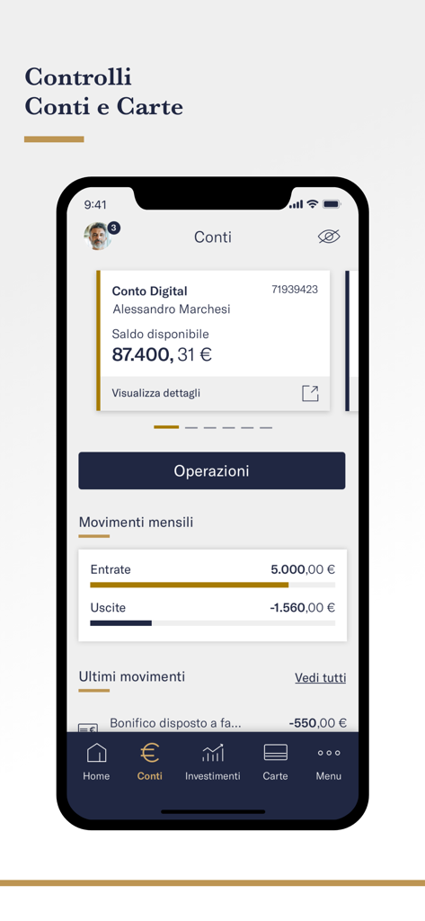 Mediobanca Premier - Interfaccia dell'app mobile Mediobanca Premier che mostra il saldo del conto digitale e i movimenti finanziari mensili