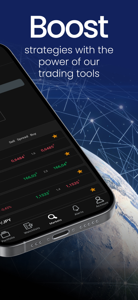 Forex Trading Broker FOREX.com - FOREX.com mobile App-Oberfläche, die eine Liste von Währungspaaren und Handelstools über einem globalen Netzwerk-Hintergrund zeigt