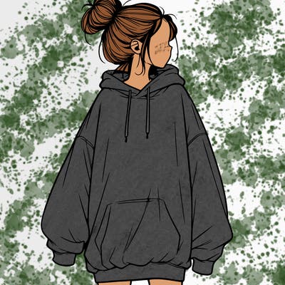 realistic girl with a oversized sweatshirt on and a bun