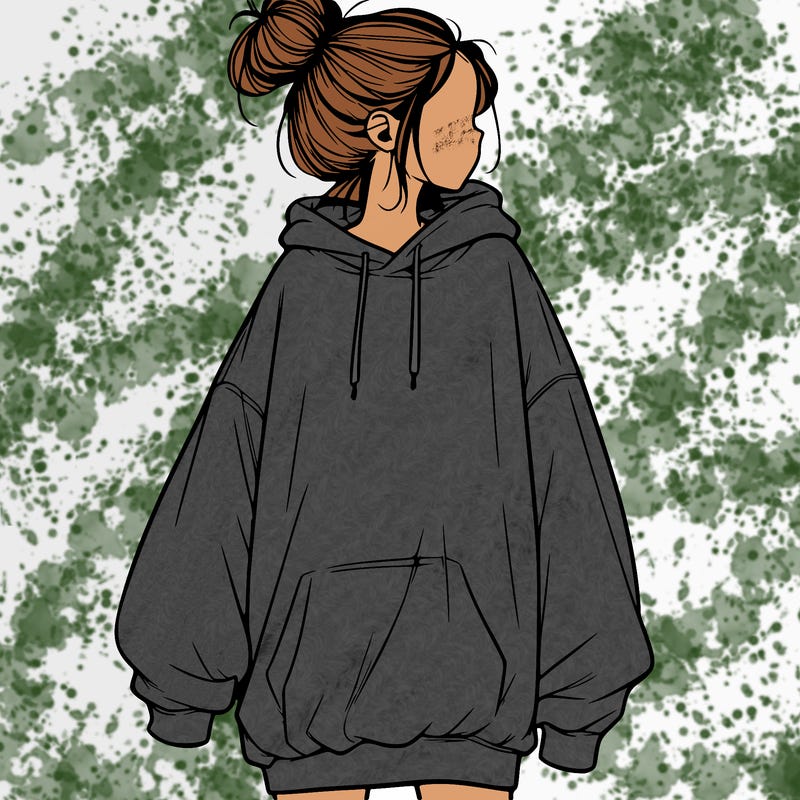 realistic girl with a oversized sweatshirt on and a bun