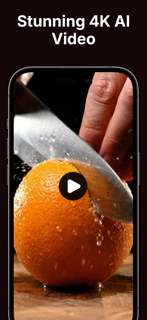 Clipro - AI Video Maker - Tela de smartphone exibindo um vídeo IA 4K de alta qualidade de uma faca cortando uma laranja.