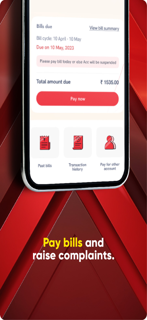 Interface de l'application ACT Fibernet montrant les options de paiement des factures et l'historique des transactions passées