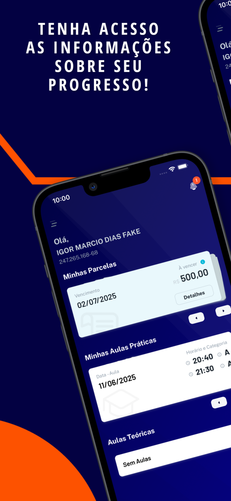 Dashboard der Minha CNH Online App, das den Fortschritt von Fahrschülern, Kurse und Zahlungsinformationen anzeigt