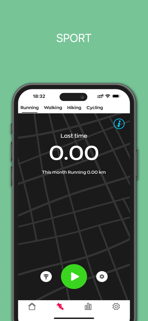 Avon Smart V2 app sport tracking interface showing options for running walking hiking and cycling.