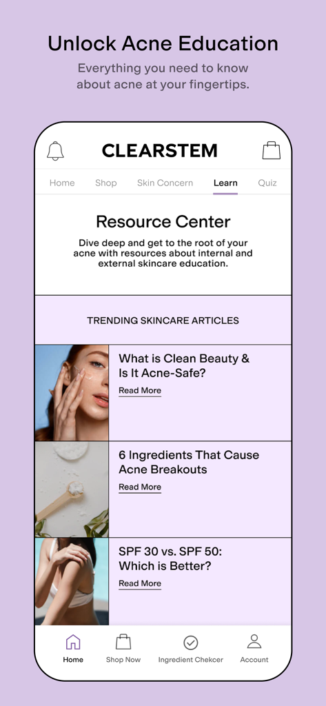 CLEARSTEM - Educational resource center for acne skincare in the CLEARSTEM app