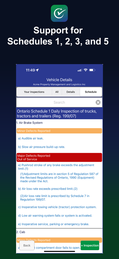 ReadyChek - ReadyChek app interface showing a vehicle inspection report for Ontario Schedule 1 compliance