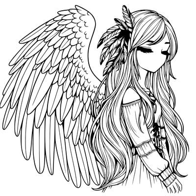 realistic girl with bird wings and some feathers in her hair