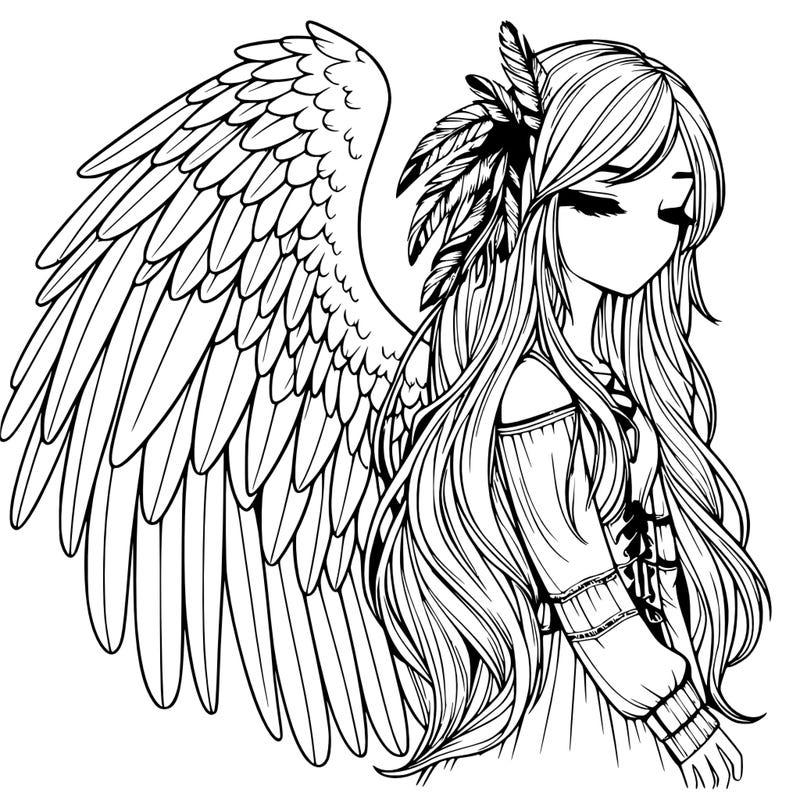 realistic girl with bird wings and some feathers in her hair