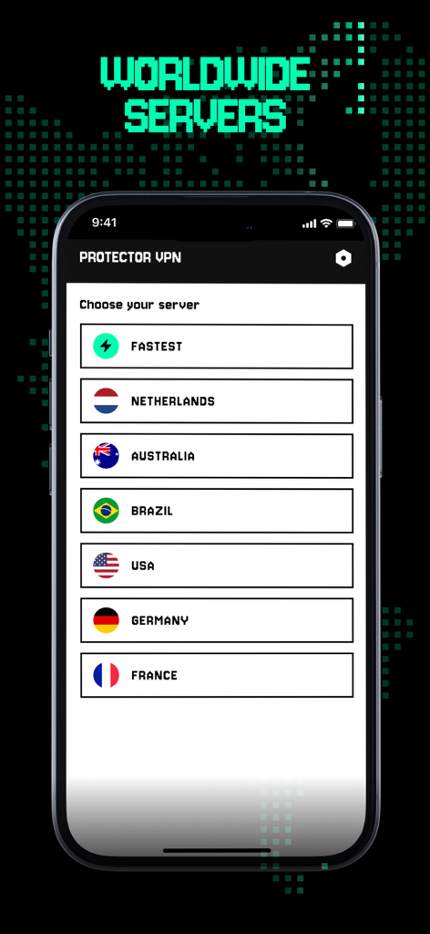 VPN Protector & Proxy - VPN server selection screen showing a list of worldwide locations including USA Germany and France