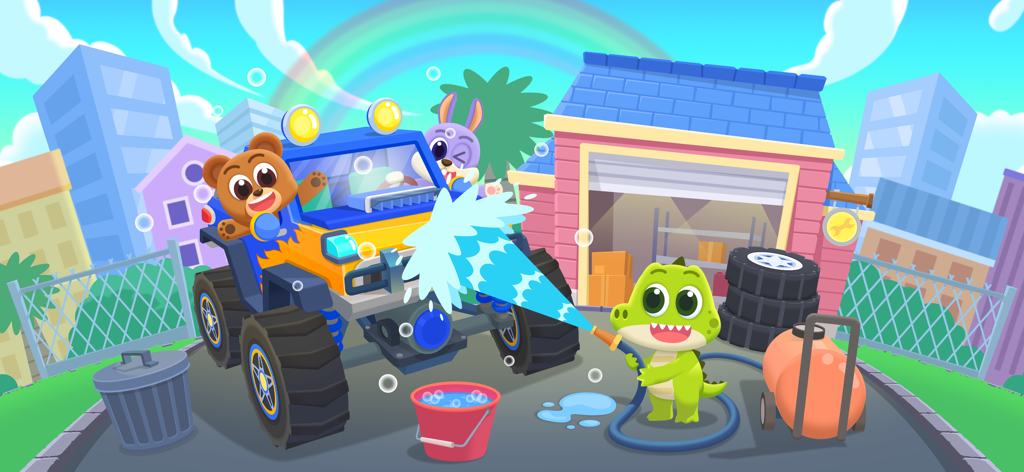 Car Wash Car Games for kids - Um crocodilo fofo lavando um caminhão monstro dirigido por um urso em um jogo de carro educativo colorido para crianças.