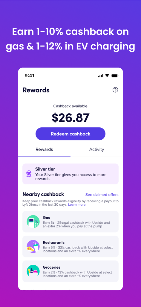 Lyft Direct app rewards screen showing cashback balance and nearby offers for gas and groceries