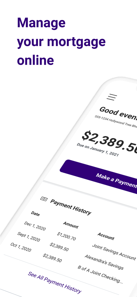 Your Mortgage Online - Screenshot der App Ihre Hypothek Online, der das mobile Dashboard mit dem Hypothekenzahlungsbetrag und dem Transaktionsverlauf anzeigt