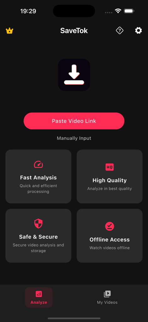 SaveTok - Tik Tock Video Saver - Panel de la aplicación SaveTok que muestra análisis de video y funciones de acceso sin conexión.