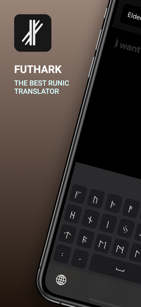 Interfaz de la aplicación Futhark, teclado y traductor rúnico en la pantalla de un iPhone