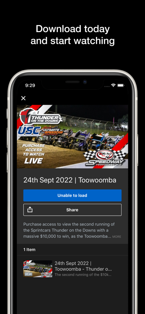 Clay Per View app screen showing details for a sprint car racing event in Toowoomba