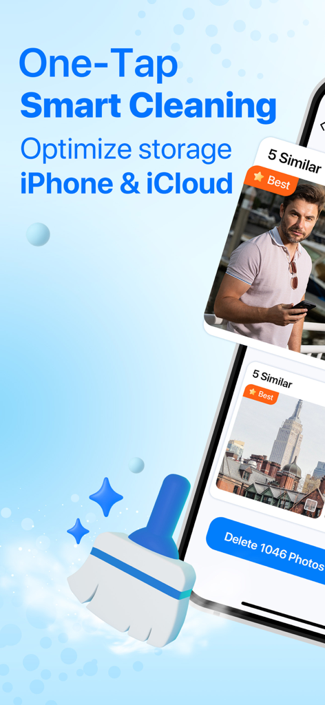 AI Cleaner app interface showing one-tap smart cleaning and duplicate photo removal to optimize iPhone and iCloud storage