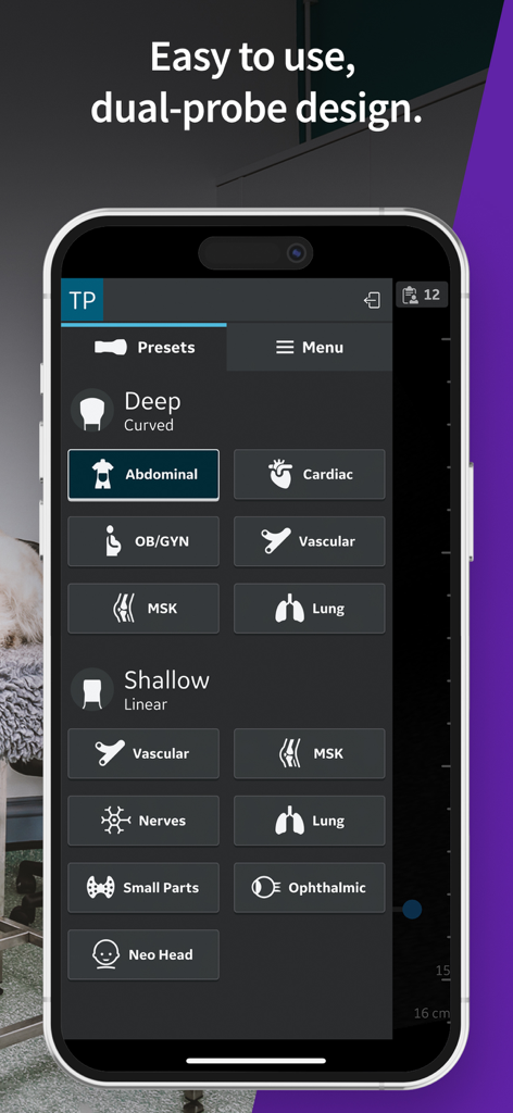 A interface do aplicativo Vscan Air VET mostrando predefinições de sonda profunda e superficial, incluindo opções abdominais, cardíacas e vasculares para diagnóstico veterinário