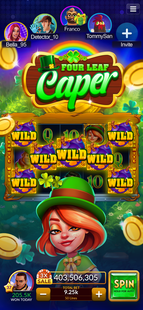 Gameplay screenshot of Big Fish Casino showing the Irish-themed Four Leaf Caper slot machine with multiple wild symbols and player avatars.