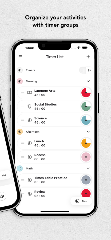 Time Timer - Interfaccia dell'app Time Timer su un iPhone che mostra un elenco di timer organizzati in gruppi di attività come Mattina Pomeriggio e Matematica
