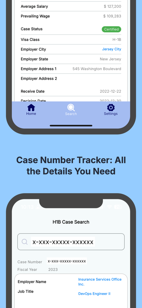 H1B Visa Sponsorship Jobs USA - H1B visa case search results showing employer details, salary information, and case status in a mobile app.