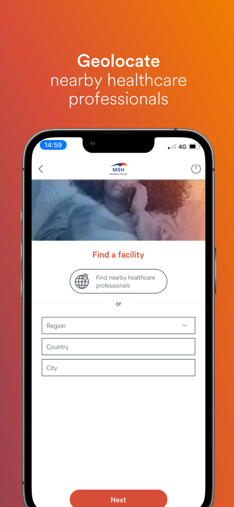 MSH International mobile app screen for finding and geolocating nearby healthcare professionals