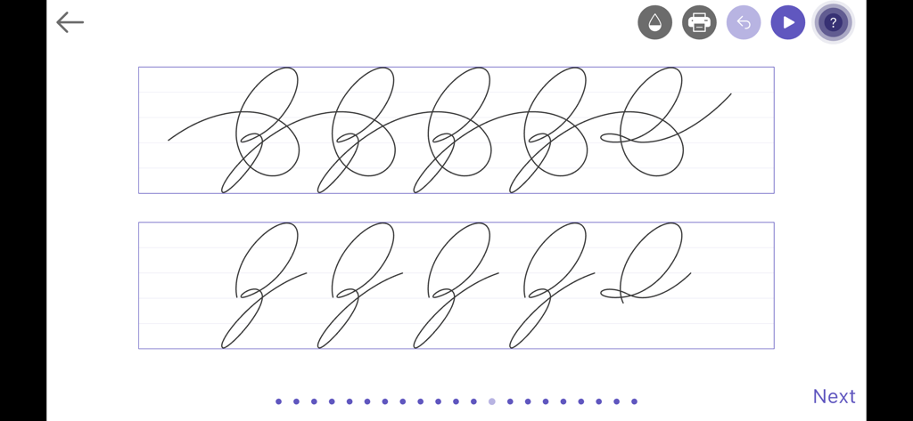 Calligraphy: Cursive Writing - Handwriting practice interface showing cursive script letter exercises