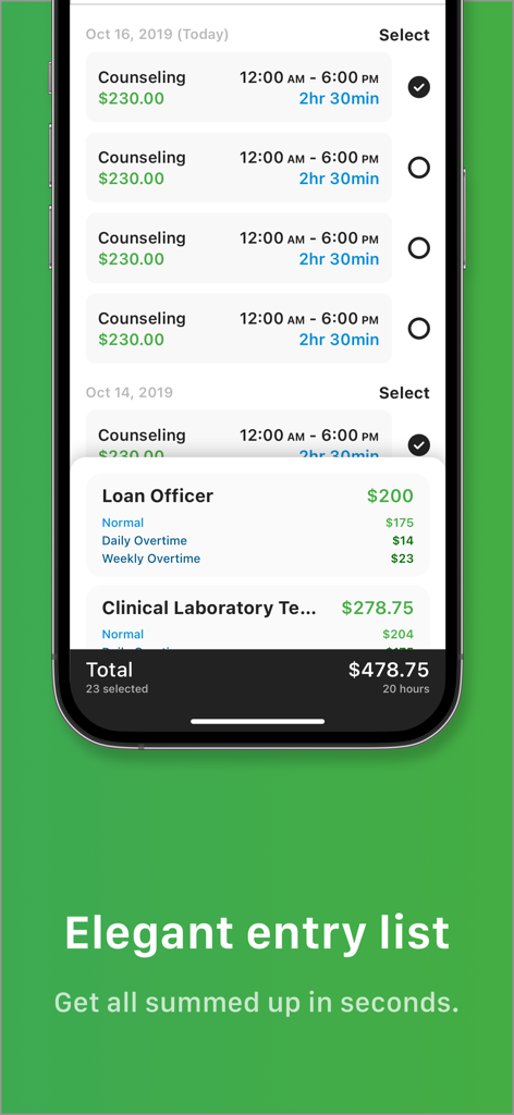Tiny Hours Tracker, Time Clock - Tiny Hours Tracker App-Oberfläche zeigt eine Liste von Arbeitszeit-Einträgen und eine berechnete Gesamtverdienstübersicht