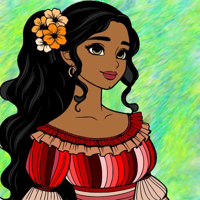a single latina woman with a side ponytail and a long dress with ruffles. she has a few discreet flowers in her hair. realistic
