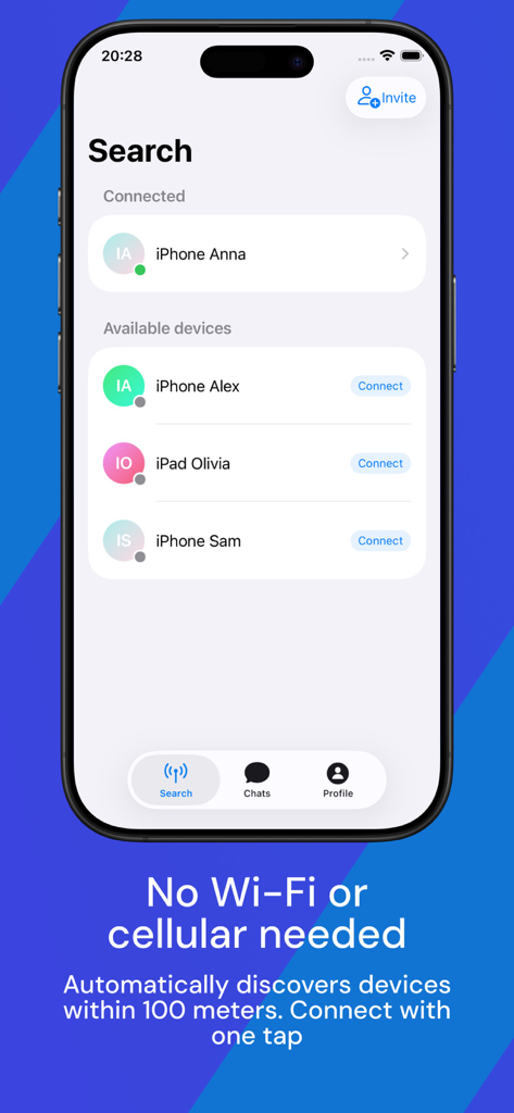 Proxima - Offline Messenger - Interface of Proxima app showing the search screen for nearby devices to connect without wifi or cellular service