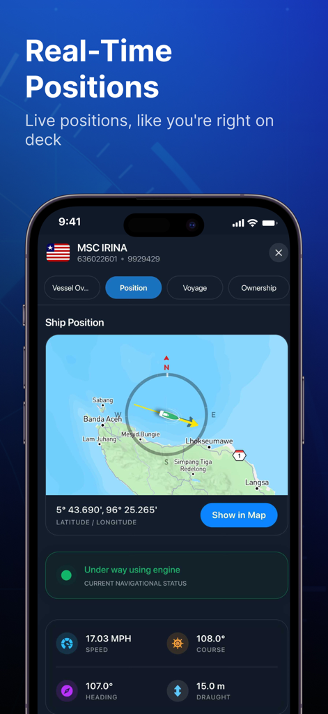 MarineRadar・Vessel Finder - MarineRadar app interface displaying real time position and navigational status of a vessel