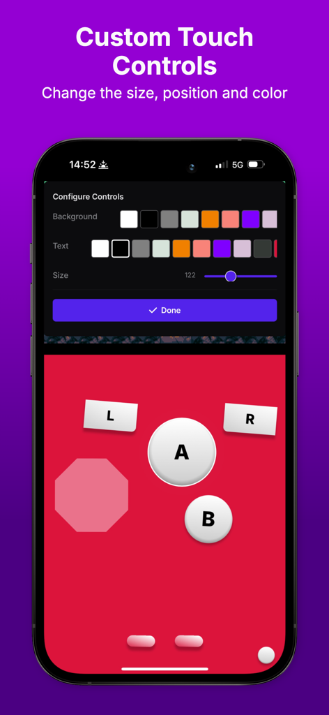 Afterplay - Game Emulator - A menu interface in the Afterplay app showing customization settings for on-screen game controller buttons including color pickers and size sliders.